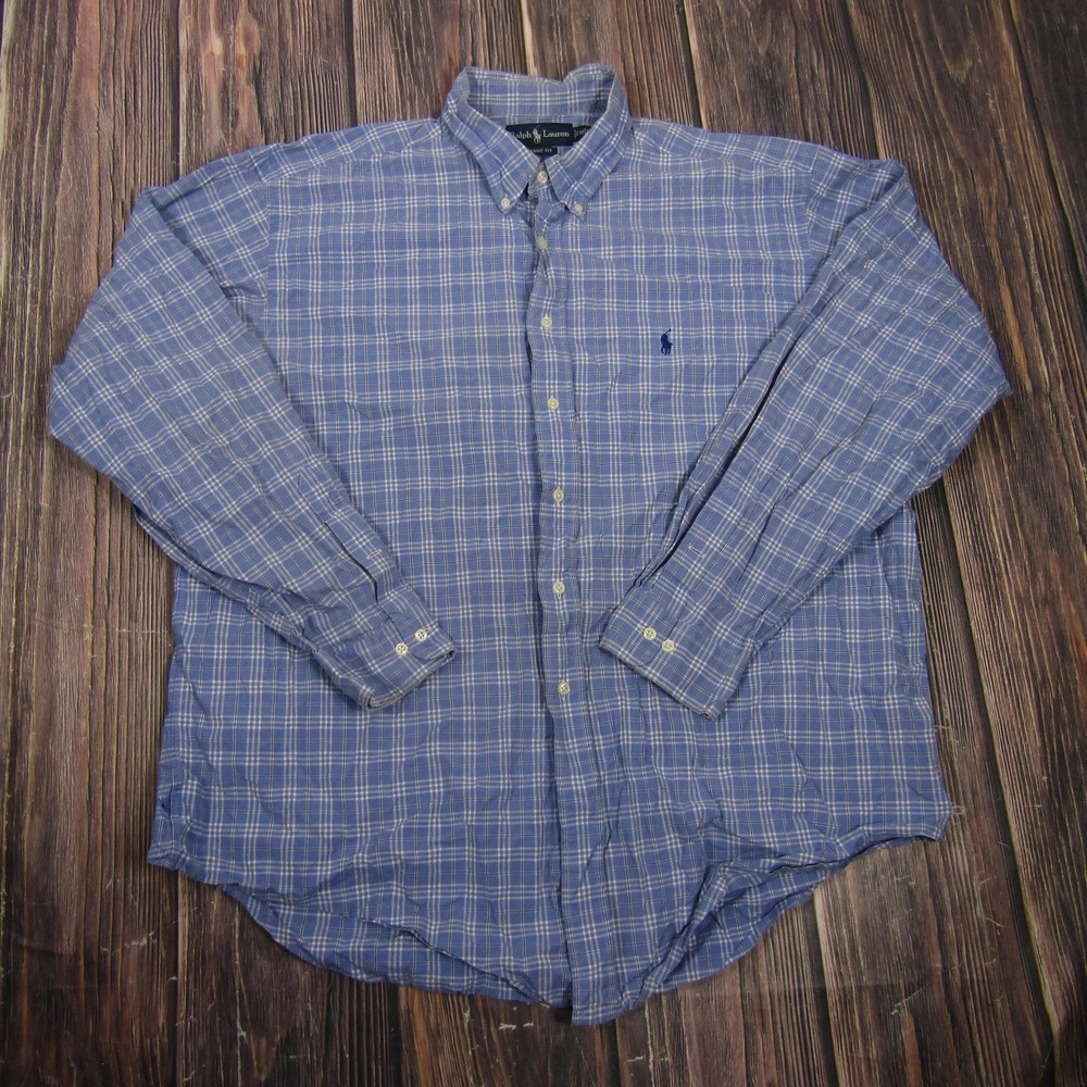 Ralph Lauren Shirt Mens 2XL Blue Long Sleeve Button Up Plaid Cotton Classic Fit